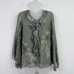 Tempo Paris Shirt Women M Silk Floral Ruffle Sheer Boho Romantic Whimsical Italy